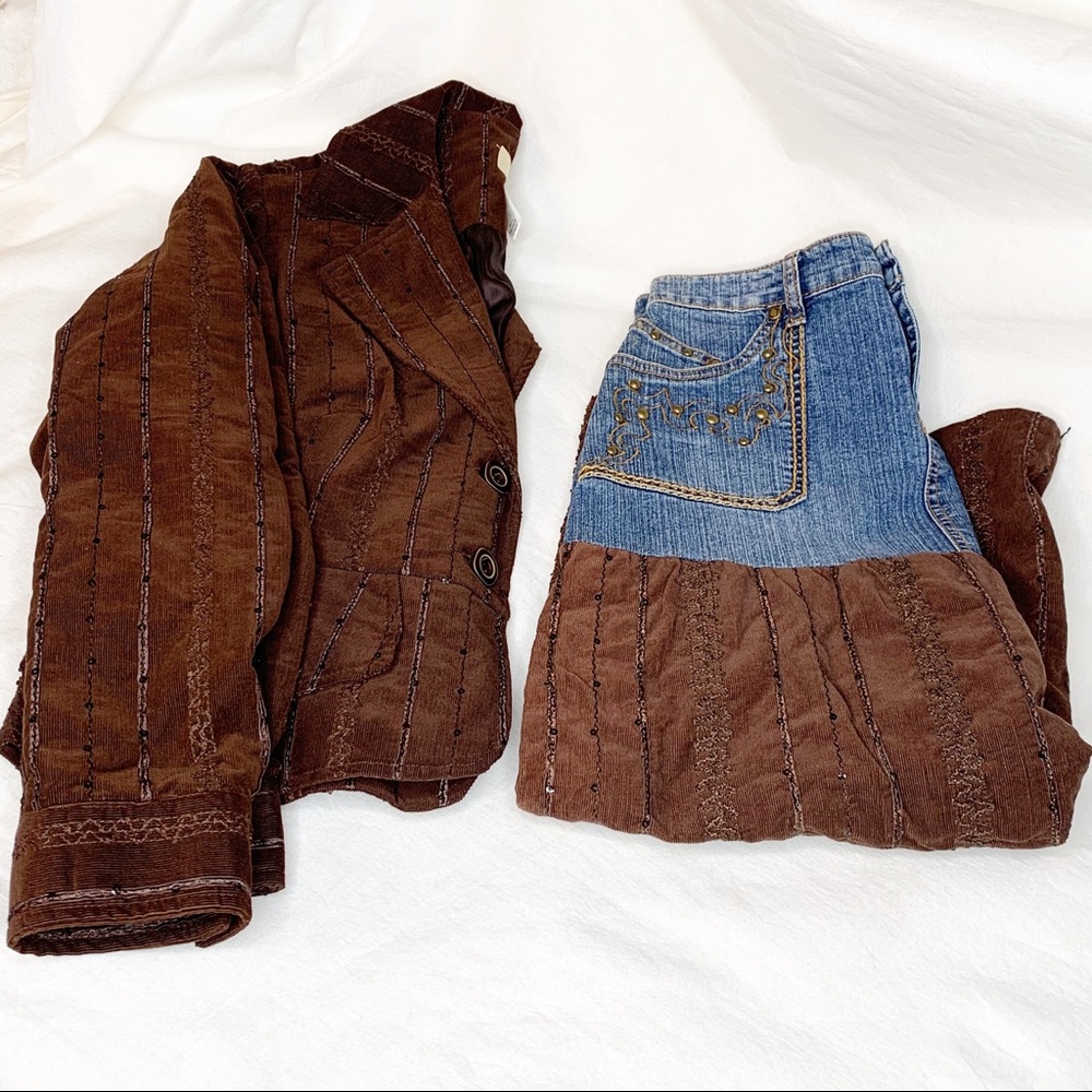 2 PC Brown embellished Jacket/Apollo Jean Skirt